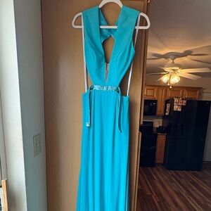 Sherri Hill Turquoise Maxi Dress with Embellished Waist